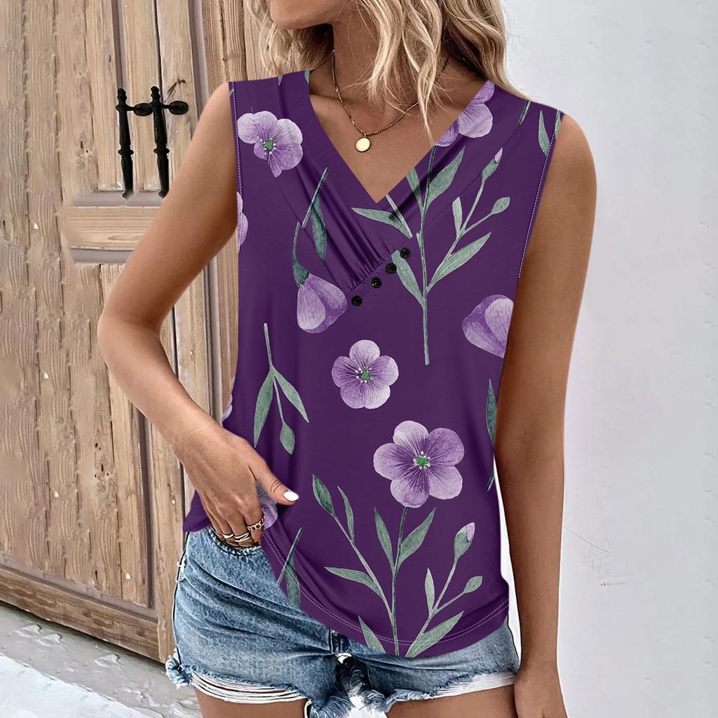 Summer Womens Tank Tops V Neck Casual Printed Sleeveless Shirts Casual Loose Fit Pleated Tshirts Tees Ladies Blouse