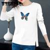 Spring Colorful Butterfly Print T-Shirts Long Sleeves Bottoming Shirts Women Cotton Pullover Casual Slit Shirt