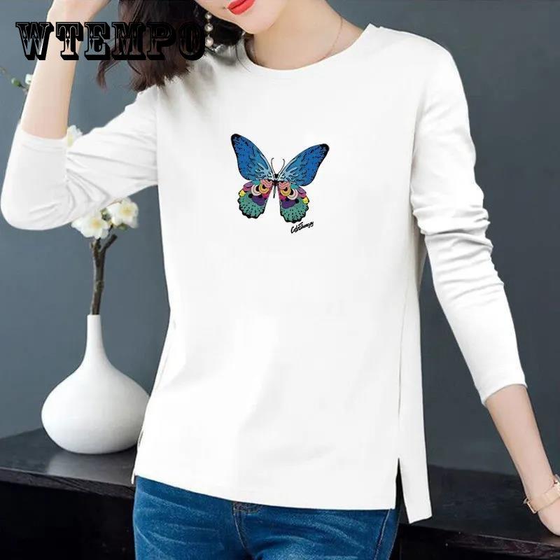 Spring Colorful Butterfly Print T-Shirts Long Sleeves Bottoming Shirts Women Cotton Pullover Casual Slit Shirt