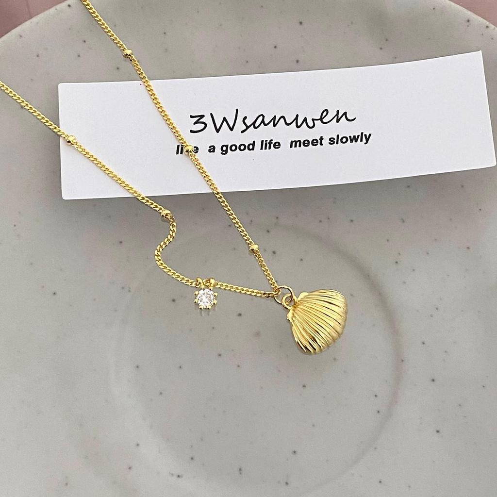 S925 Sterling Silver Christmas Scallop Necklace - Striped Shell & Bead Clavicle Chain, Korean Blogger Style