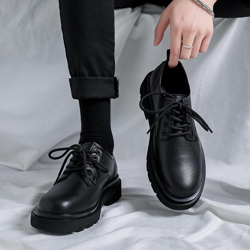 Korean Version of Big Head Leather Shoes Men's 2024 Summer New Teenagers Wear Breathable Tooling Shoes Casual Lace-up Small Black Shoes