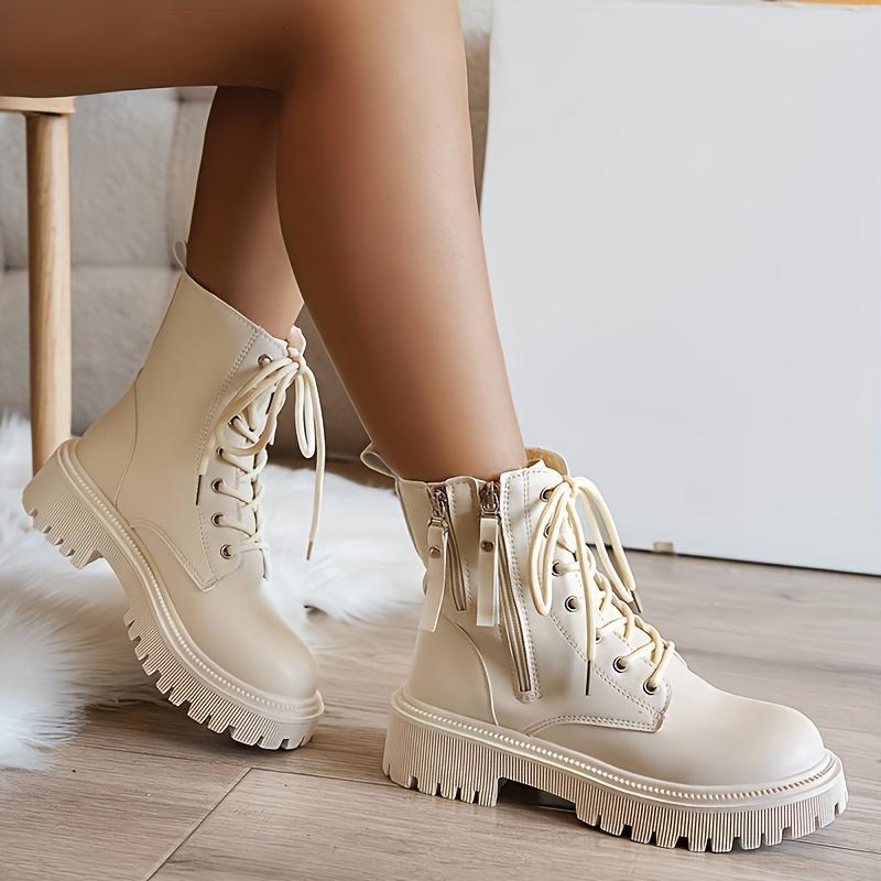 Mid Heel Platform Ankle Booties Women's Casual Ankle Booties Platform Lace-Up Boots Winter Round Toe Comfort Shoes
