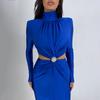 Half High Neck Long Sleeve Patchwork Backless Pleated Long Dresses