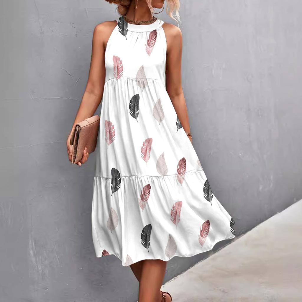 Women's Summer Sleeveless Solid Color Printed Loose Splicing Casual Hanging Neck Beach Dresses