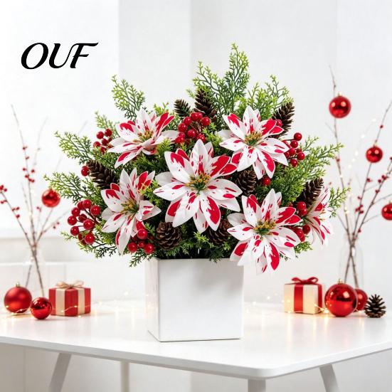 Lifelike Flower Stems 5 Heads Artificial Poinsettia Flowers, Christmas Fake Pine Berry Decoration, Home Interior Floral Accents Fade-Resistant Red And