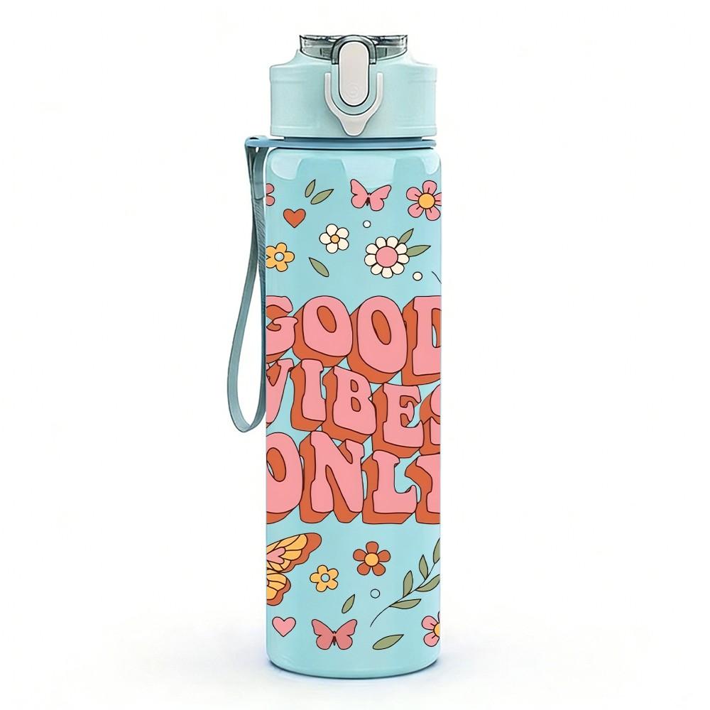 1PC Good Vibes Only Retro Floral Lettering Print 750ml Color Plastic Sports Water Bottle Leakproof Flip Straw Lid Suitable for Sports Office Home Use
