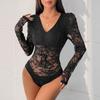 Новый осенний женский комбинезон с кружевной вставкой, длинными рукавами и V-образным вырезом, просвечивающий