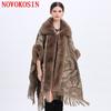4 Colors 2022 Women Khaki Poncho Big Faux Rabbit Fur Collar Tassel Outstreet Wear Winter Warm Woolen Thick Long Cloak Loose Coat