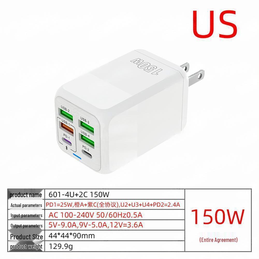 Многопортовое зарядное устройство 200 Вт: 3 USB + 3 PD, Быстрое зарядное устройство 6-в-1 для мобильных телефонов, 5 В/2,4 А, Стандарты ЕС/США/Великобритании