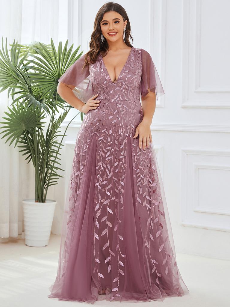 Ever-Pretty Womens Plus Size V Neck A Line Sequin Tulle Formal Dresses