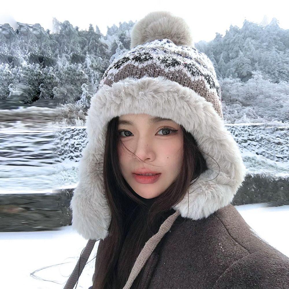 Теплая вязаная плюшевая шапка, ветрозащитная, пуловерная, шапка-бини, зимняя, для защиты ушей, женская