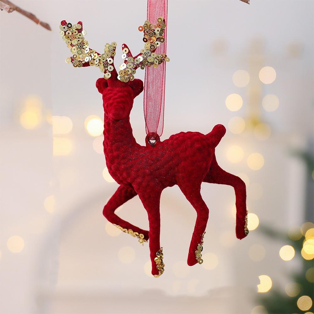Wine Red Christmas Tree Pendant Glitter Bow Gold Sequin Snowflake Elk Hanging Ornaments Ice Bar Knot Girl Xmas Tree Pendant