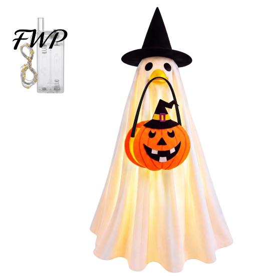 Creative Glow in The Dark Apparel Halloween Glowing Ghost Costume with Witch Hat & Pumpkin Tote Bag, LED Battery Powered Clothes Light Up Fabric
