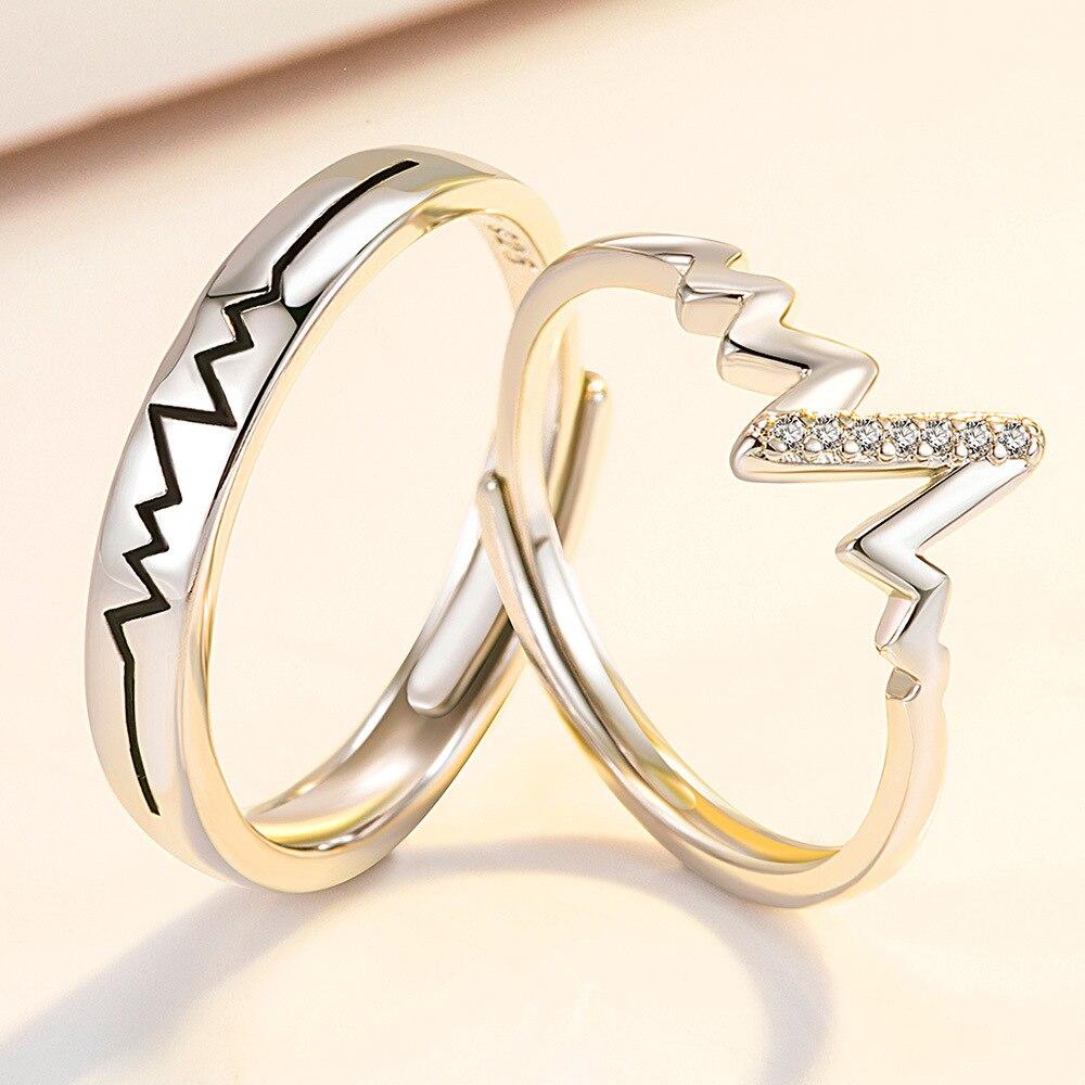 New 925 Sterling Silver Couple Ring Men Women Electrocardiogram Adjustable Pair Micro-inlaid Zircon Lovers Rings Jewelry Gift