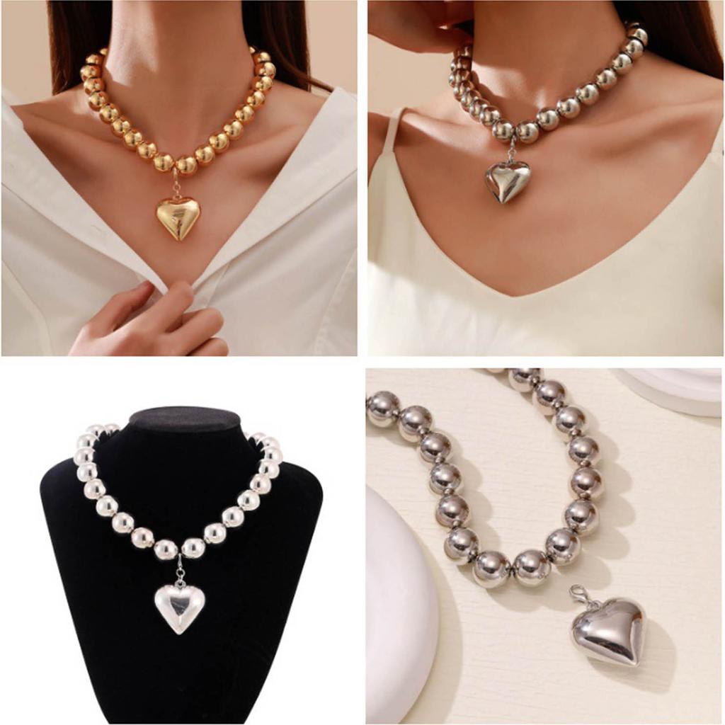 Exaggerated Beads Necklace Big CCB Ball Beaded Chain Necklaces Personalized Heart Pendant Layered Necklace for Women