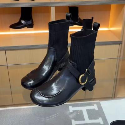 Универсальная модная обувь с круглым носком, вязаные ботильоны в британском стиле, женские, осень 2025, новые, на толстом каблуке, ботинки-носки, бархатные теплые ботинки Мартин