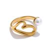Yhpup New Arrivals Stainless Steel Metal Heart Hollow Pearl Adjustable Ring Gold Silver Color Exquisite Popular Jewelry Gift