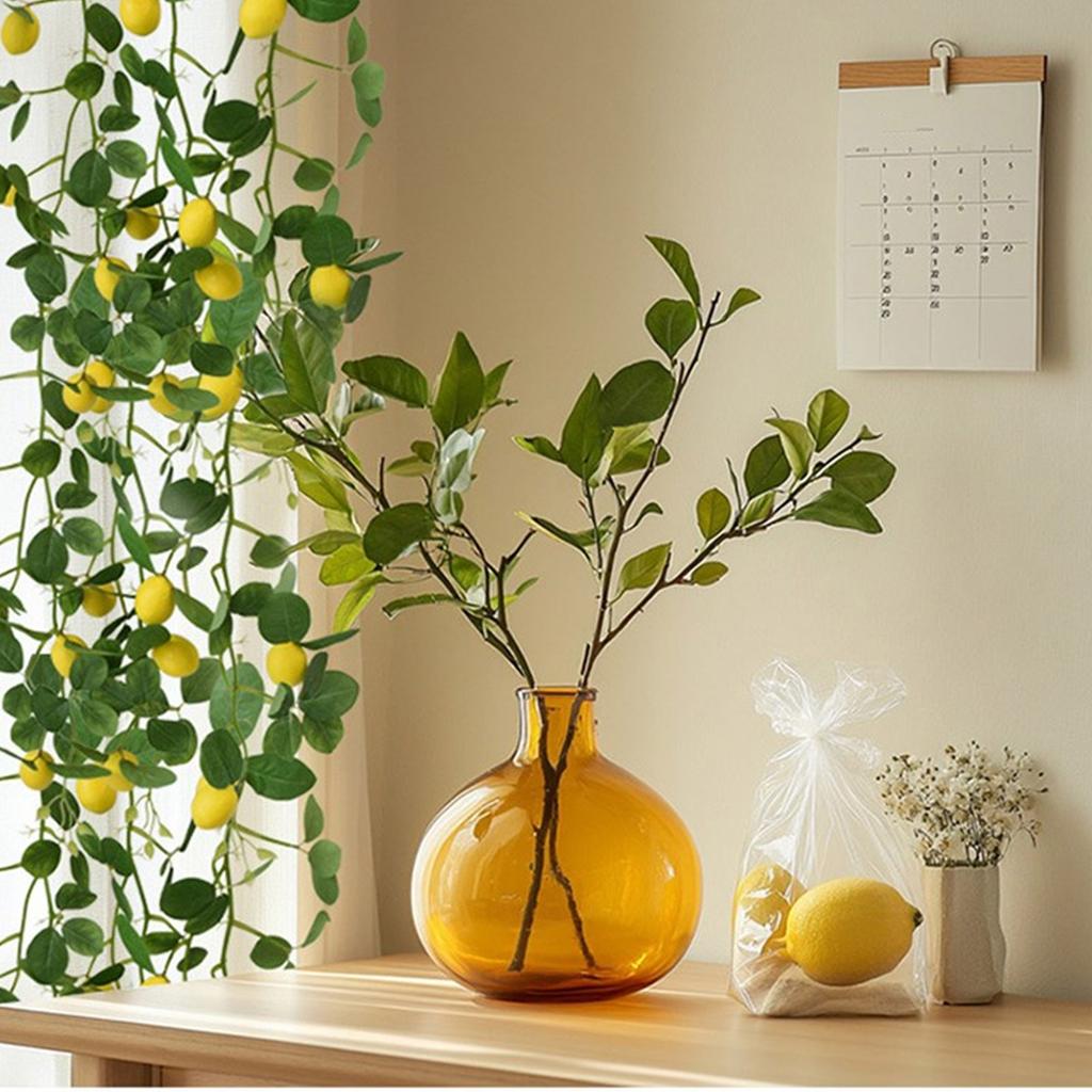 Set of 2 Lifelike Lemon Tree Branches with Green Leaves Yellow Faux Fruit Charm for Wedding and Office Decoration