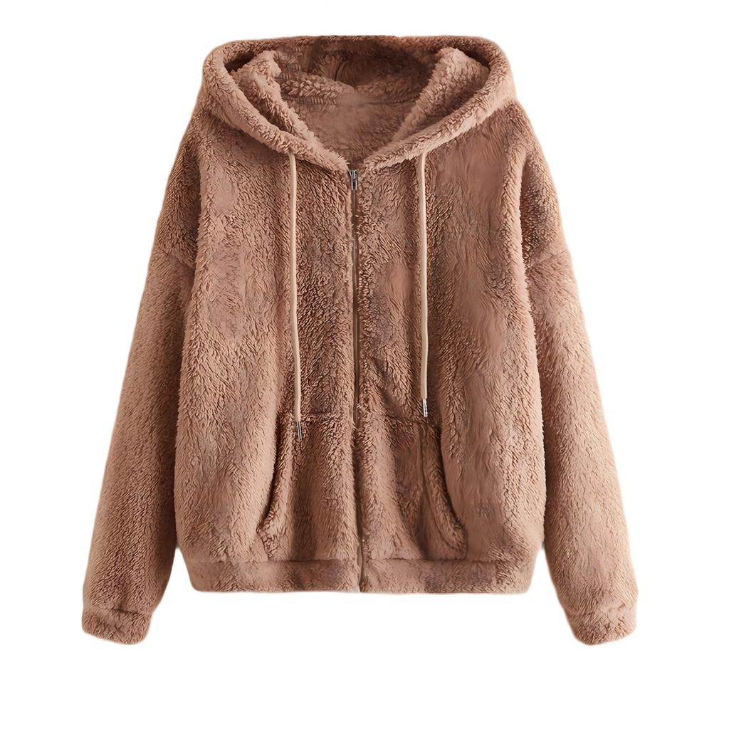 Женская модная куртка с застежкой-молнией и приспущенным плечом, с капюшоном и завязками на шнурке, с длинными рукавами из плюша