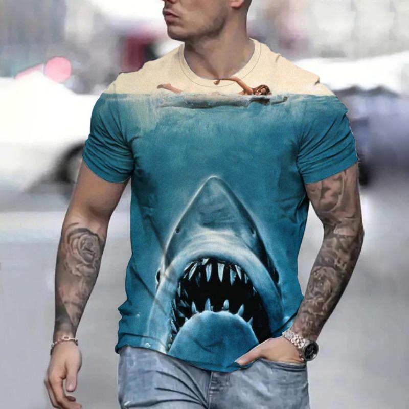 Летняя мужская футболка с принтом глубоководной акулы 3D Футболка свободного покроя Мужская футболка свободного покроя Повседневные свободные футболки в уличном стиле Топы с коротким рукавом