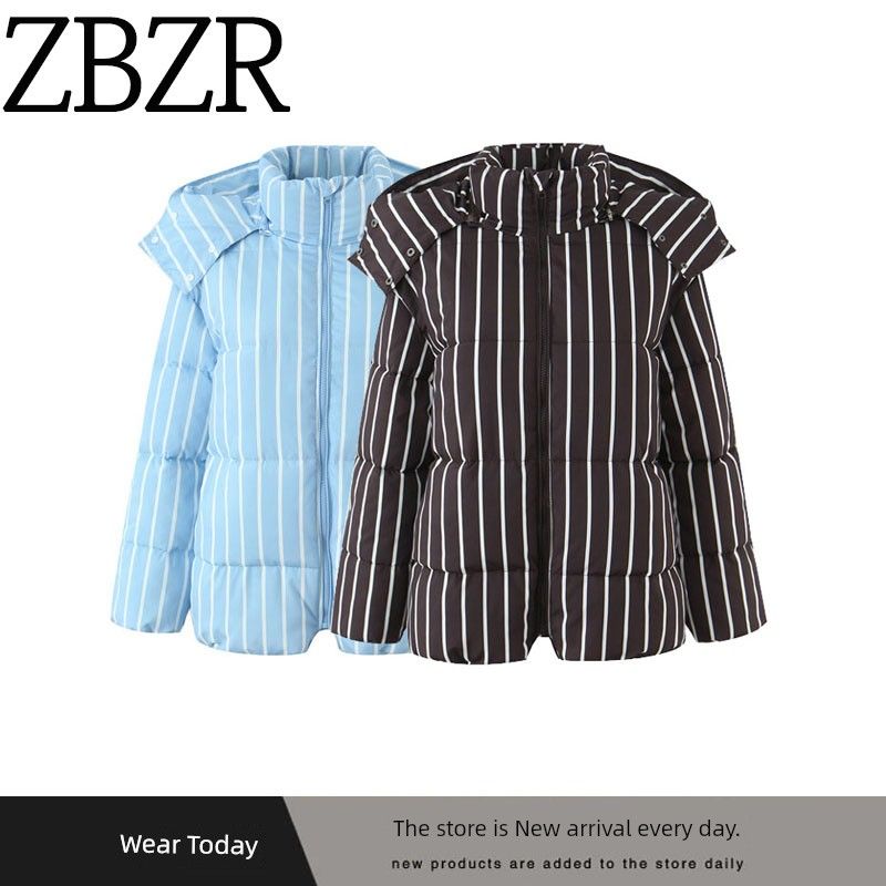 ZA Fall and Winter New Women's Clothing ZR Fashion Style Fashion All-match Loose Stripes Hooded Bread Coat Cotton-padded Outwear