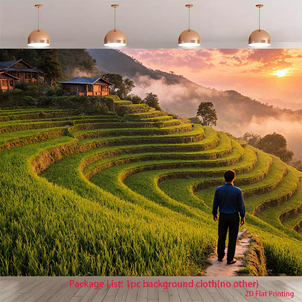 2D flat image 1 piece of a man in a Bali rice paddy at sunset suitable for photography or for a room decoration.