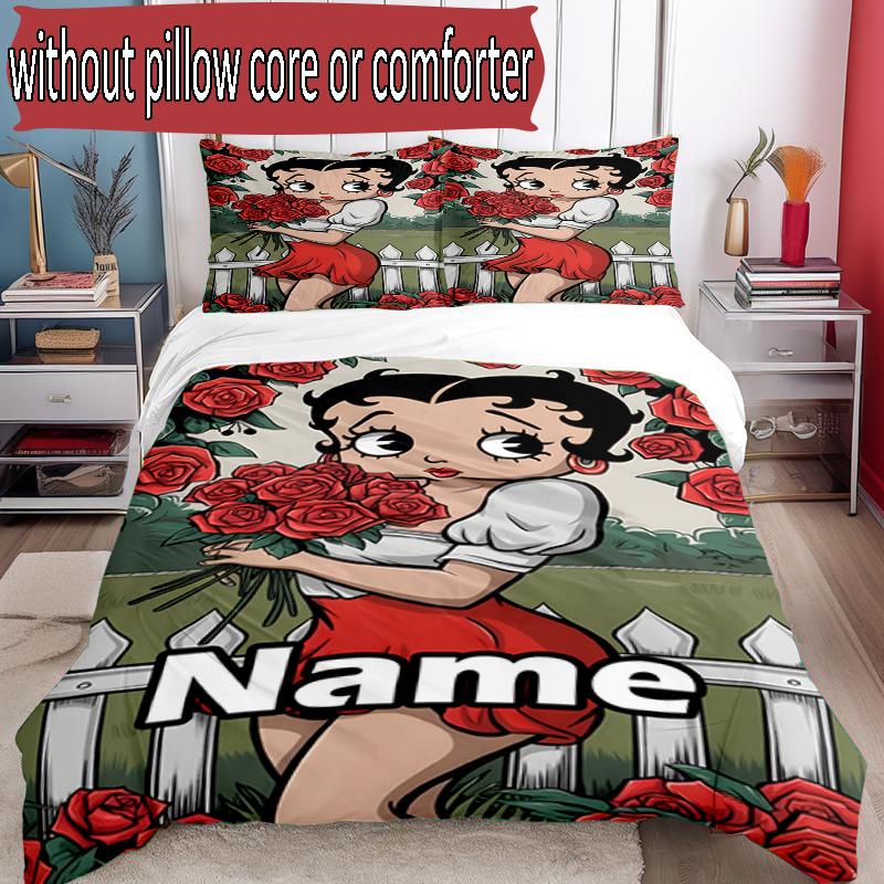 3pcs Duvet Cover Set (1*Duvet Cover + 2*Pillowcase, Without Core), Custom Name Betty Boop Pattern Bedding Set, Home Bedroom Decor Gift