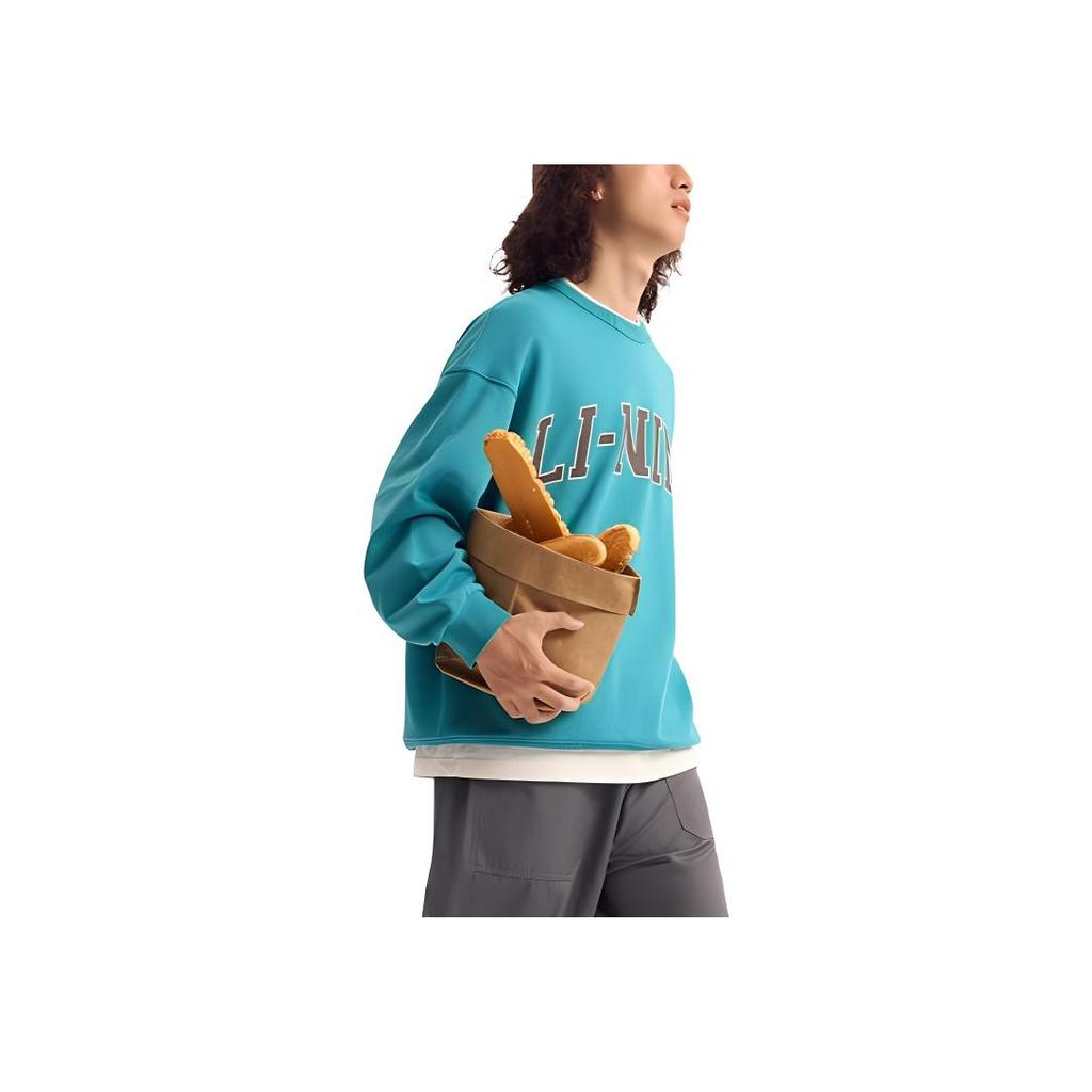Li Ning Weekend Молодежный пуловер с принтом букв, круглым вырезом и длинными рукавами, унисекс, рифово-синий AWDU785-4