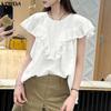 Women Ruffled Short Sleeve Lace Crochet Hem Casual Blouse