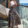 Women Maxi Skirt High Waist Wide Elastic Waist A-Line Retro Printed Skirt Summer Loose Fit Long Skirt Streetwear
