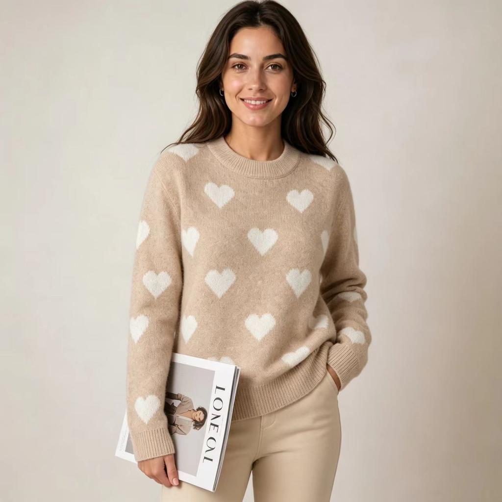 Autumn and winter love jacquard crew neck sweater women's loose lazy wind soft waxy knitted sweater large size women's top