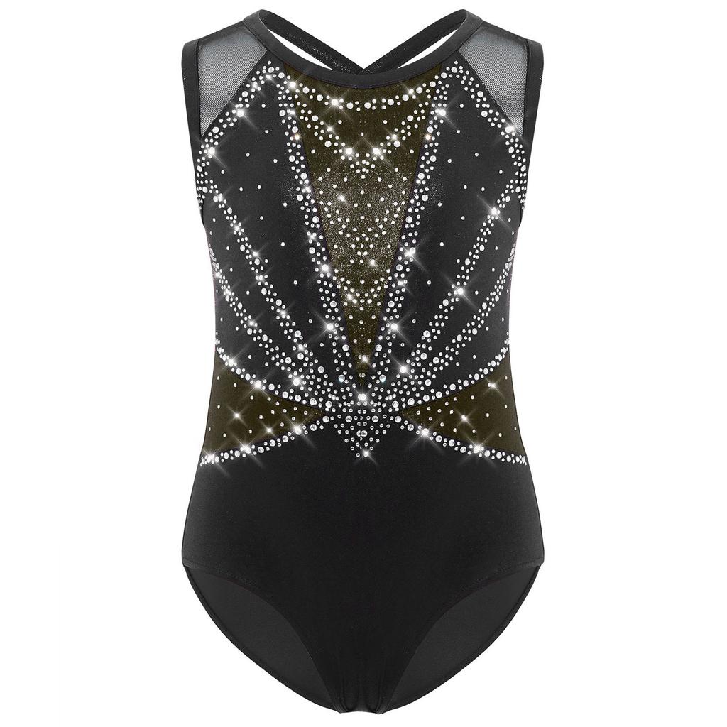 Детский купальник для девочек с перекрещивающимися бретелями на спине, без рукавов, с круглым вырезом, блестящими стразами, металлический танцевальный костюм