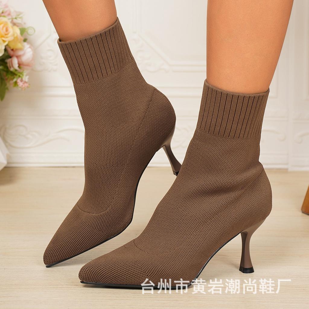 Женские модные вязаные ажурные короткие сапоги на высоком каблуке с элегантным характером, из мягкой и эластичной ткани, повседневные и удобные для ношения с джинсами