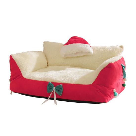 Christmas Cat Bed Fluffy Pet Sofa Bed with Removable Washable Cover Cozy Plush Cat Sofa for Winter Holiday Indoor Cats Rest Play