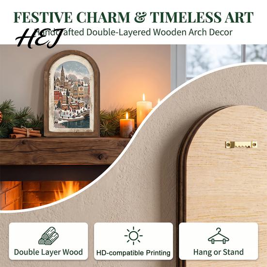 Decorative Wall Mounted Art Vintage Arched Wooden Photo Frame with Christmas Illustration, Retro Distressed for Holiday Gift Family Desktop And Mantel