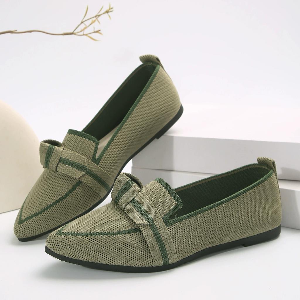 Sharp Pointed Plus Size 43 Flat Sole Single Shoes for Women, Bow Tie Casual Breathable Women's Shoes