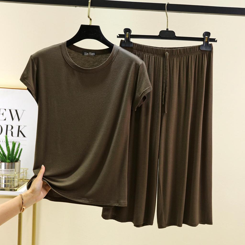 Женский повседневный комплект больших размеров из модала с коротким рукавом - Корейский стиль, брюки с широкими штанинами, двухпредметная домашняя одежда