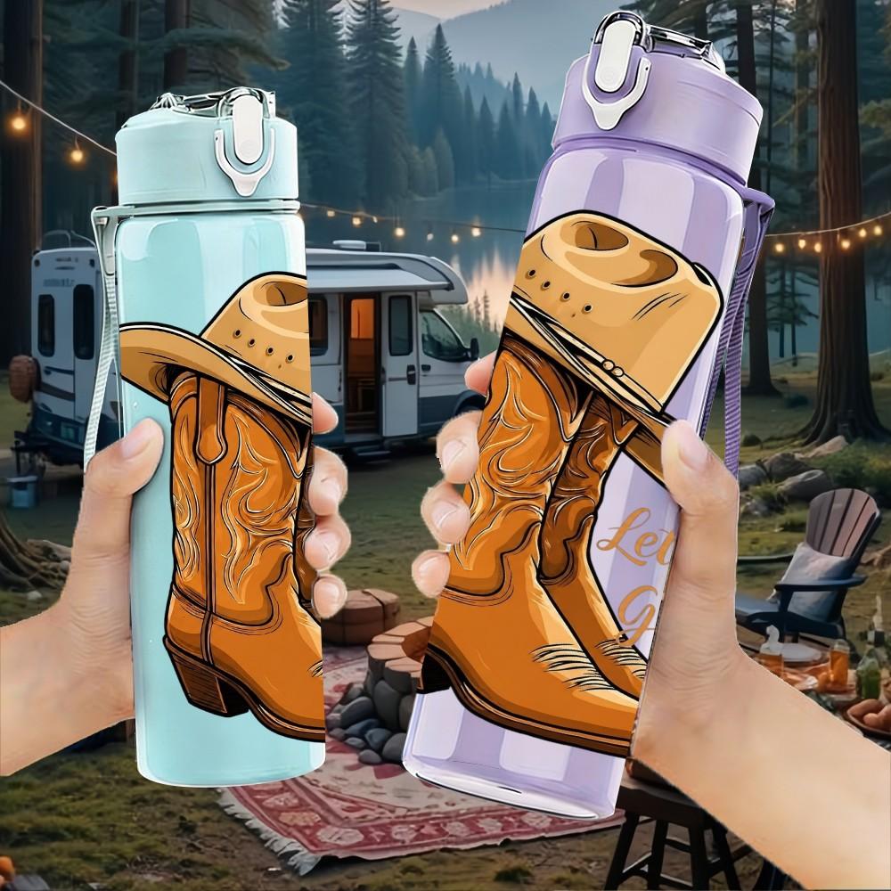 1PC Cowboy Western Leather Boot Art 750ml Color Plastic Sports Water Bottle Leakproof Flip Straw Lid Suitable for Sports Office Home Use
