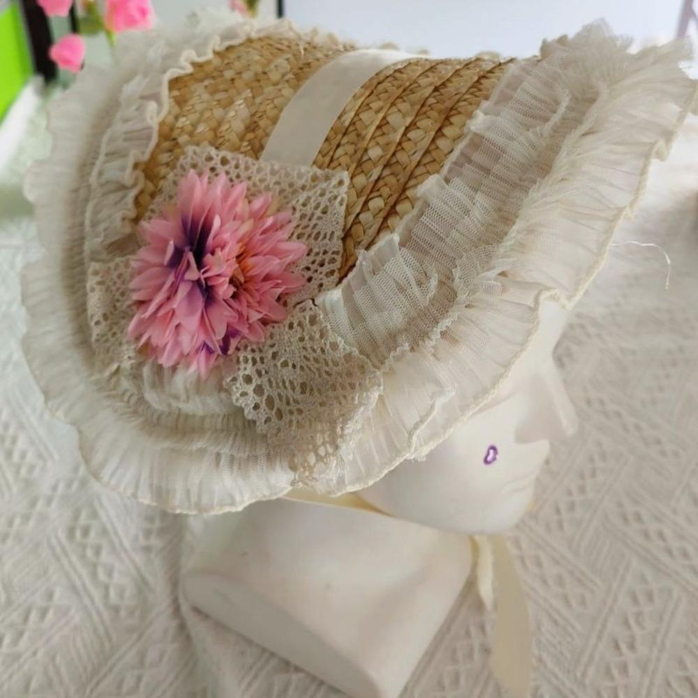 French Rural style Lolita Straw Hat Ribbon Bow Ruffle Lace Girl Sun Hat Handmade With Strap Ribbon Flower Flat Top Hat