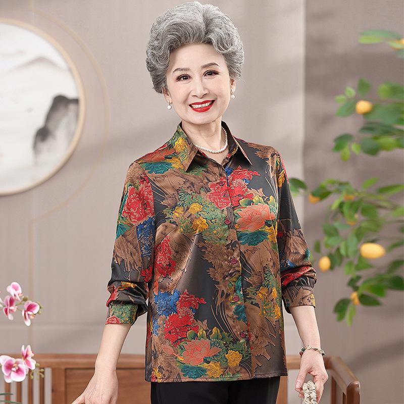 Loose Plus Size Long-Sleeved Summer Shirts for Middle-Aged and Elderly Women