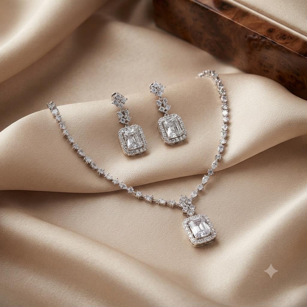 CZ Pendant Necklace with Earrings Set Rhodium Plated AD Jewelry