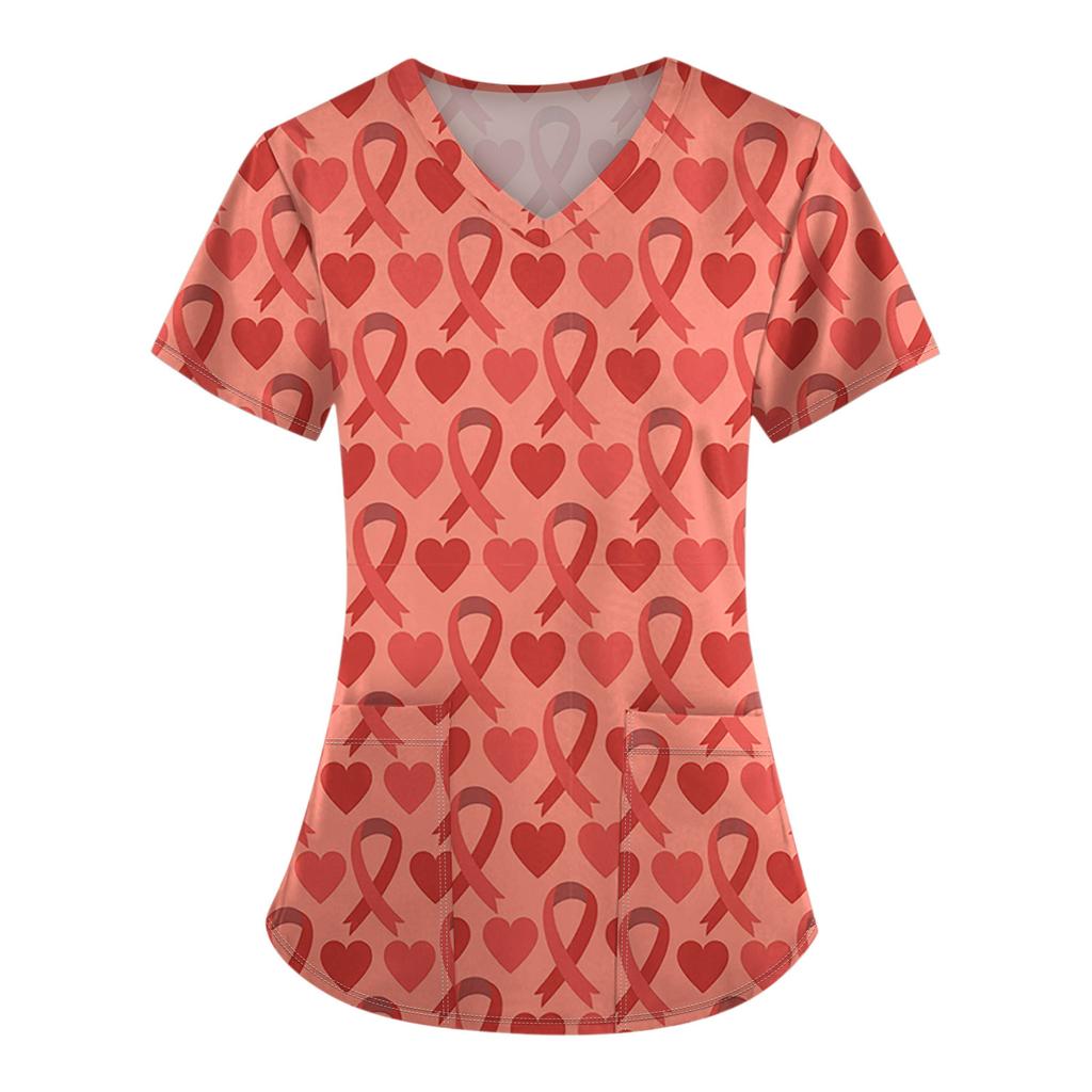 Женская модная рабочая одежда с v-образным вырезом и коротким рукавом с карманной футболкой с принтом.
