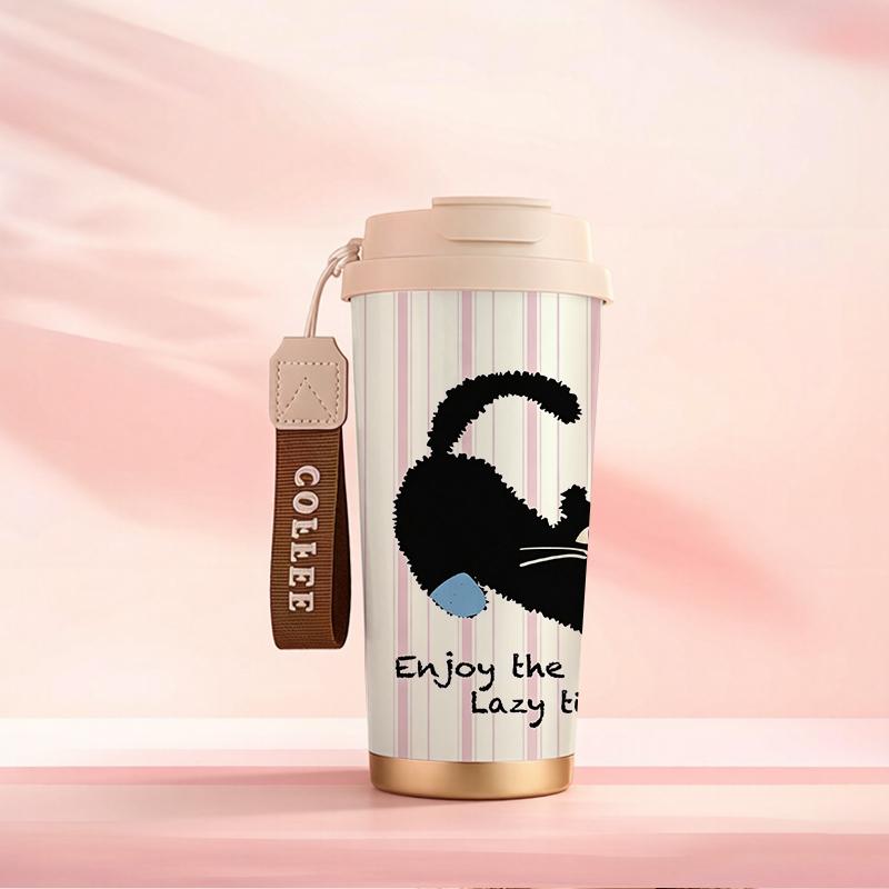 532ml Coffee Mug Black Cat Cherry Element Lanyard Insulated Cup Beach Cup Leakproof Coffee Cup Stainless Insulated Cup Car Cup