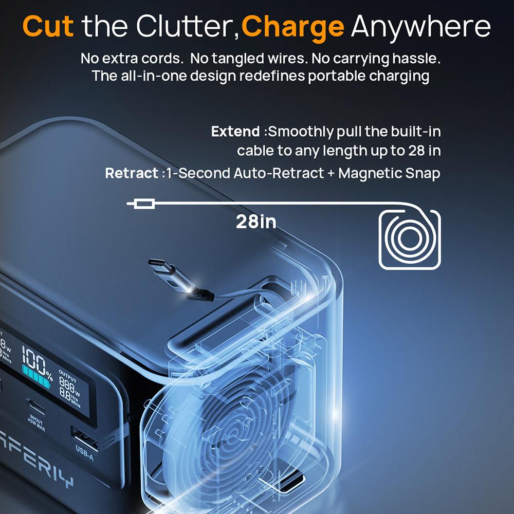 AFERIY Nano100 Портативная электростанция, 100 Вт 99.2 Вт·ч, Телескопический кабель Type-C, Можно брать на борт самолета, Полная зарядка за 1.5 часа