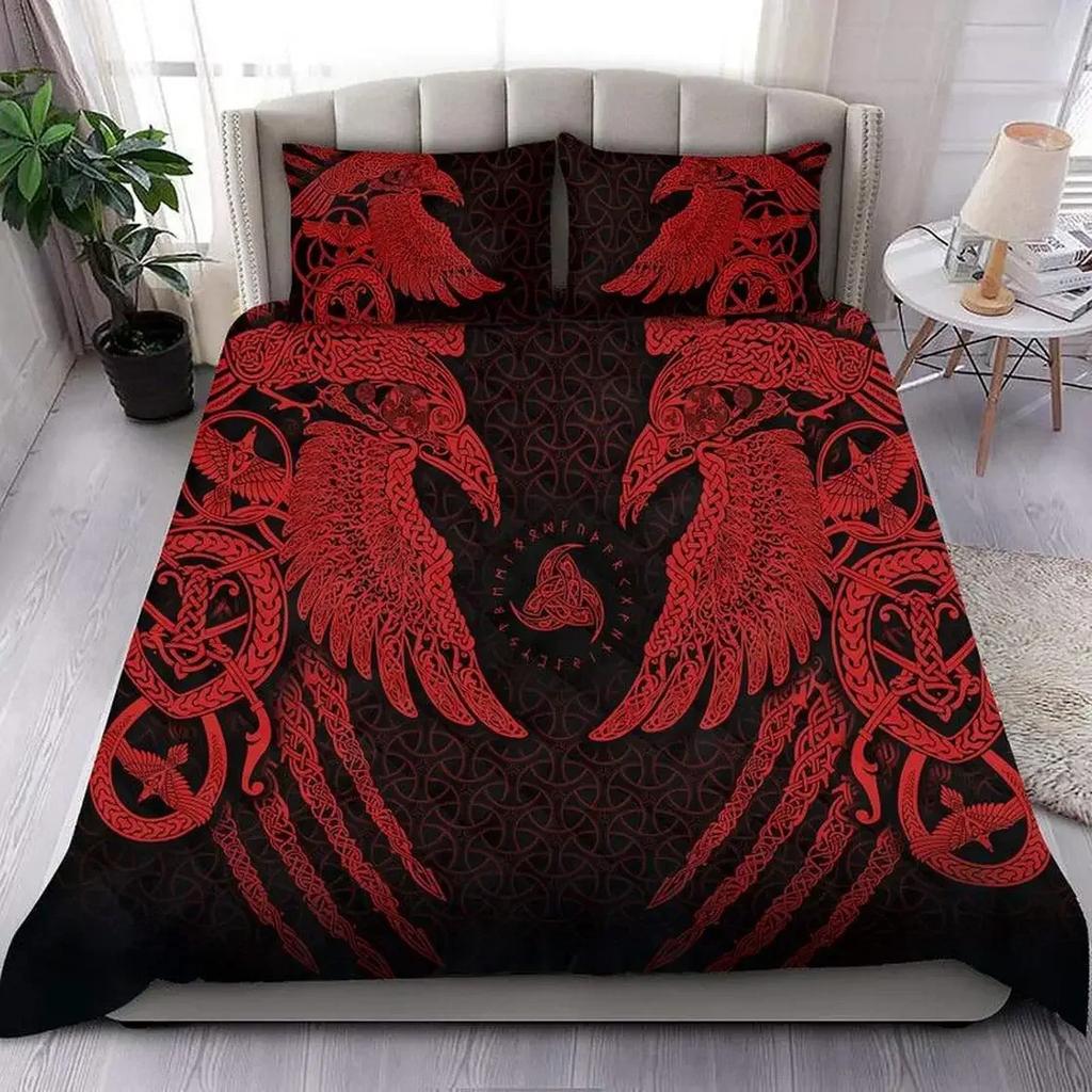 Viking Duvet Cover Set King/Queen Size Slate Blue Mjolnir Pattern Bedding Set Northern Germanic Culture Polyester Quilt Cover