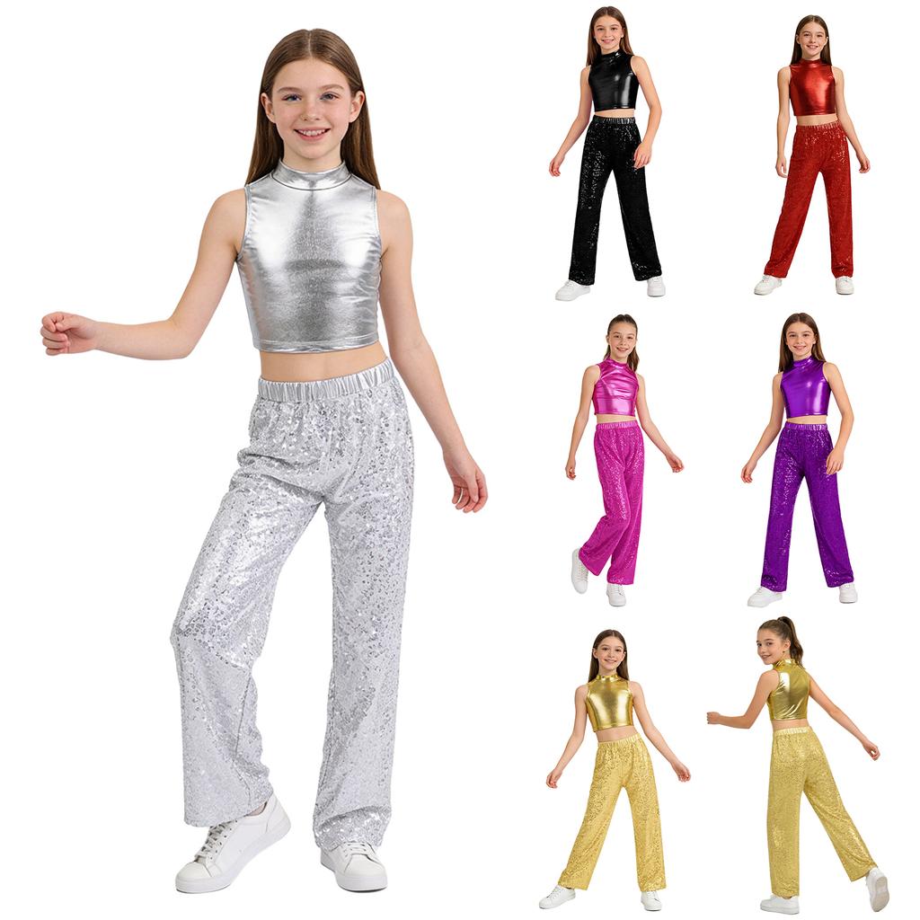 Kids Jazz Dance Costume Sleeveless Mock Neck Metallic Top and High Waist Sparkle Sequin Pants for Stage Competition