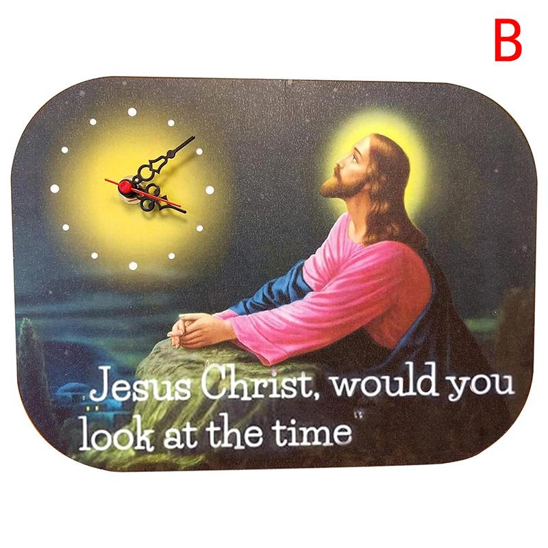 Wooden Jesus Christ Clock Silent Non Ticking Wall Watch Religious Jesus Prayer Clock Desktop Ornaments Novelty Gift Home Decor