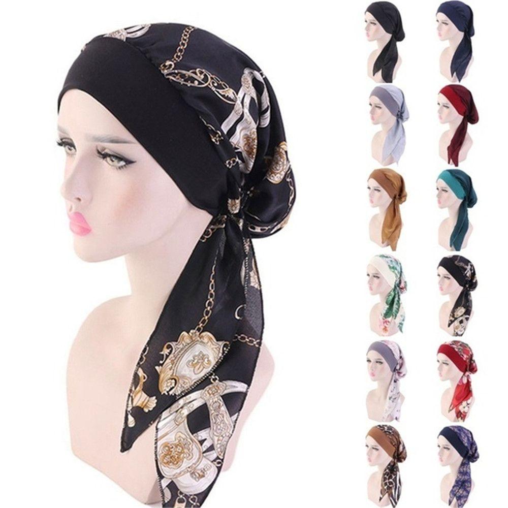 Fashion Elastic Pre-Tied Printed Hair Loss Hat Chemo Pirate Cap Muslim Turban Cancer Head Scarf