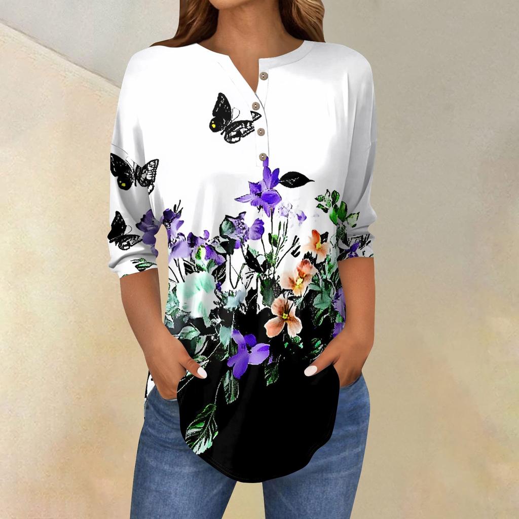 Женская свободная футболка с воротником на пуговицах и винтажным цветочным принтом, рукав три четверти