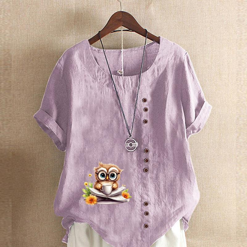 Women's Fashion Owl Reading Prined Short Sleeve T-shirt Loose Cotton Shirt Casual Loose Summer Blouse Tops Plus Size